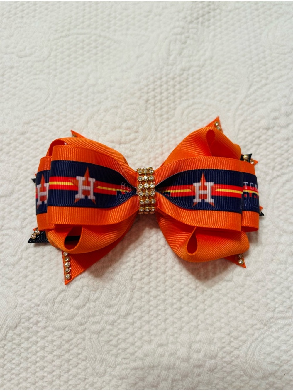 Handmade Astros Orange Rhinestone Kids Hair Bow